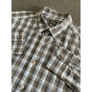 Zegna Centoquaranta Shirt Mens XXL Grey Blue Plaid Cotton Twill
